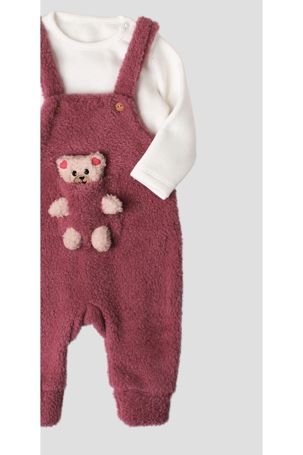 Kışlık tatlı peluş ikili takım kız bebek salopet sweatshirt